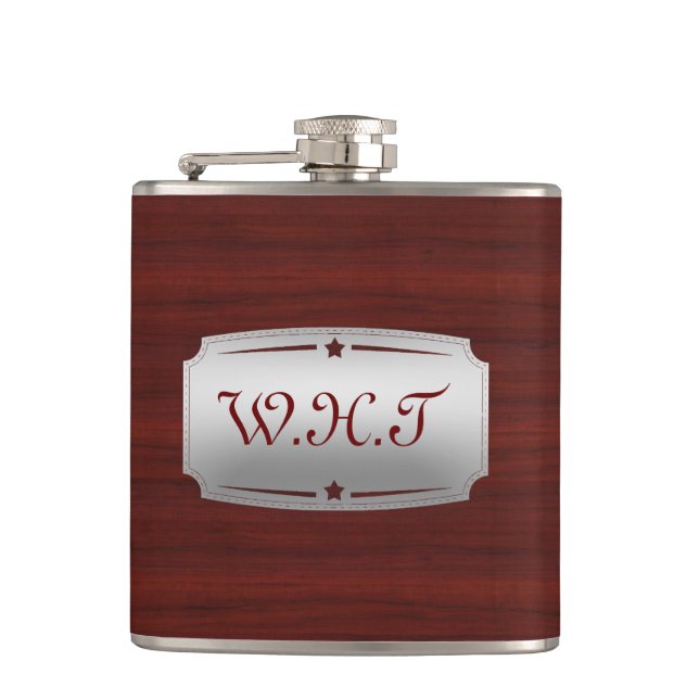 Gorgeous Red Wood and Silver Monogram Hip Flask (Front)