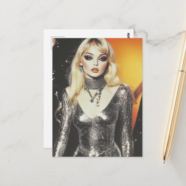 Gorgeous Retro Blonde Woman in a Sparkling Outfit Postcard (Front/Back In Situ)