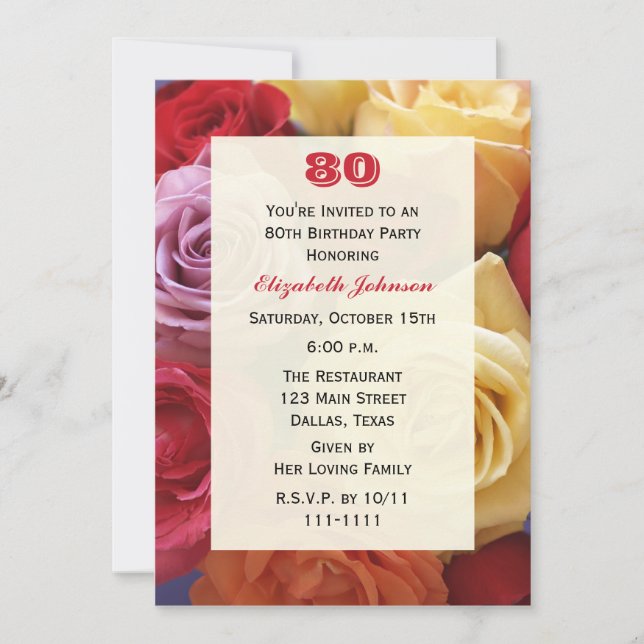 Gorgeous Roses 80th Birthday Party Invitation (Front)
