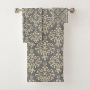 Gorgeous Royal Grey Elegant Damask Pattern Bath Towel Set
