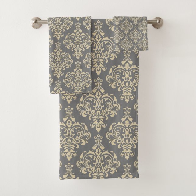 Gorgeous Royal Grey Elegant Damask Pattern Bath Towel Set (Insitu)