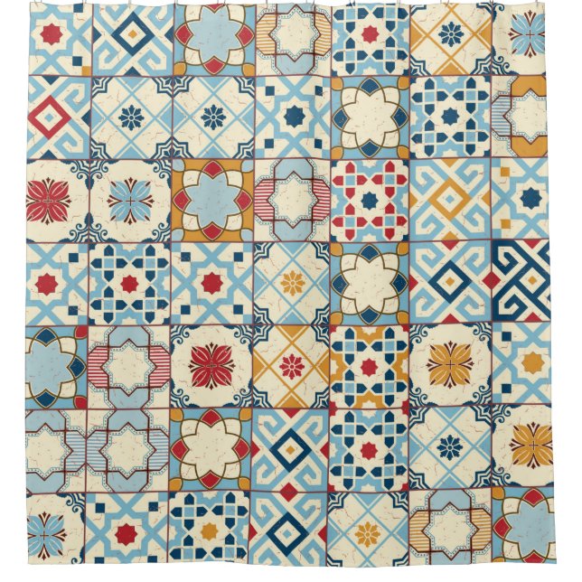 Gorgeous seamless pattern white colourful Moroccan Shower Curtain (Front)
