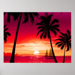 Gorgeous Shimmery Island Sunset & Sailboat Poster