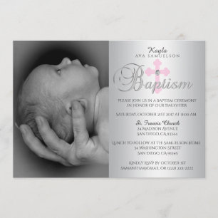 Gorgeous Silver Pink Cross Girl PHOTO Baptism Invitation