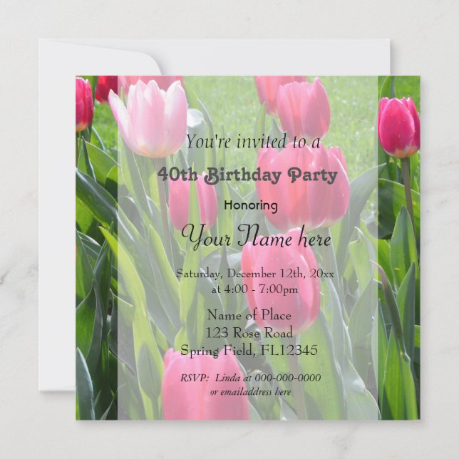 Gorgeous spring pink tulip flowers birthday party invitation (Back)