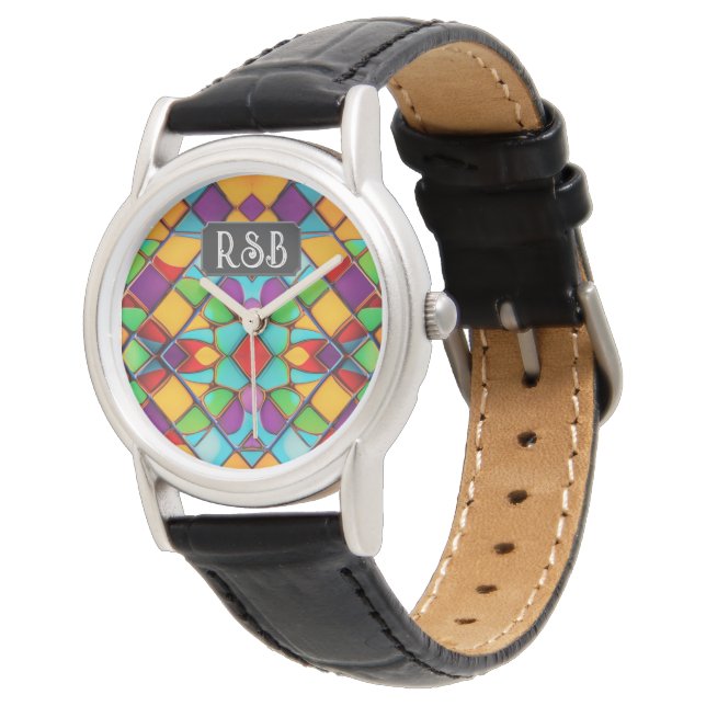 Gorgeous Stained Glass Painted Decor add initials Watch (Angled)