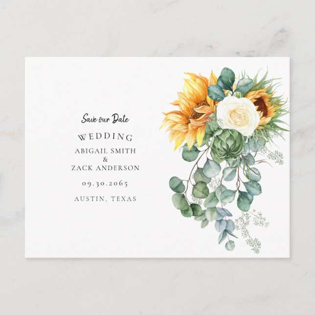 Gorgeous Sunflower Eucalyptus Wedding Save Date Announcement Postcard (Front)