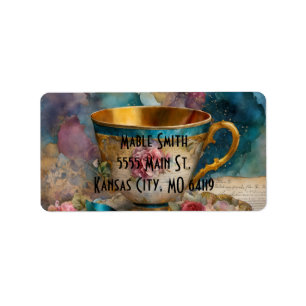 Gorgeous Teacup Mixed Media Collage Painting Label