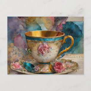 Gorgeous Teacup Mixed Media Collage Painting Postcard