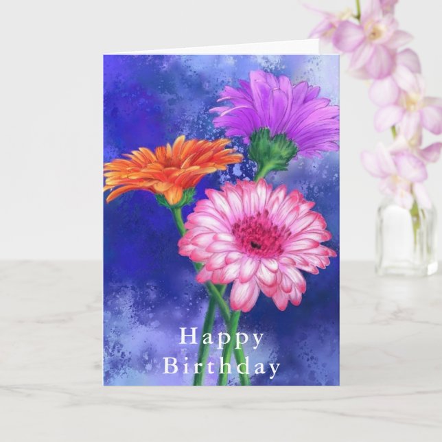 Gorgeous Three Colour Gerberas - Happy Birthday Card (Orchid)