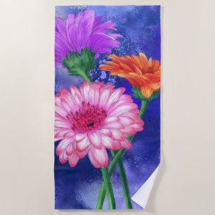 Gorgeous Three Colour Gerberas - Migned Art Drawin Beach Towel