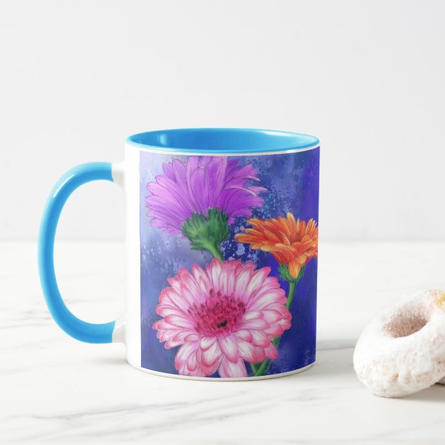 Gorgeous Three Colour Gerberas - Migned Art Drawin Mug (With Donut)