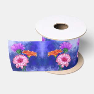 Gorgeous Three Colour Gerberas - Migned Art Drawin Satin Ribbon