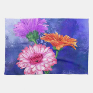 Gorgeous Three Colour Gerberas - Migned Drawing Ar Tea Towel