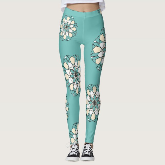 Gorgeous Turquoise Big White Flowers Woman Leggings (Front)
