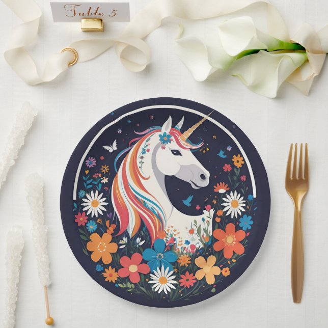 Gorgeous Unicorn and Flowers on Navy Paper Plate (Wedding)