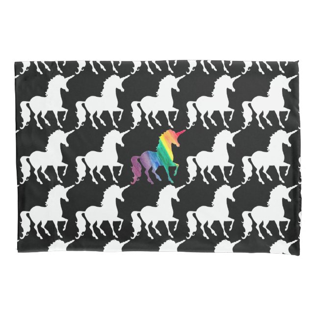 Gorgeous Unicorn Rainbow Black & White Pattern Pillowcase (Front)