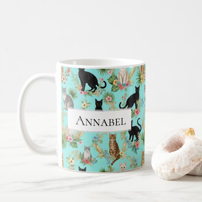 Gorgeous Unique Feline Art Cat Lover Custom Name Coffee Mug (With Donut)