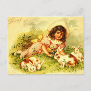 Gorgeous Victorian Girl Easter Bunnies PostCard
