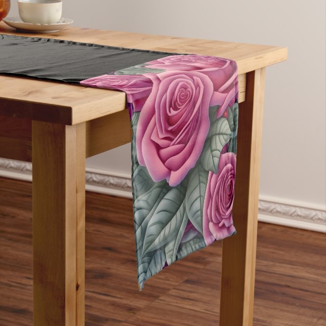 Gorgeous Victorian Pastel Pink Rose Print Short Table Runner (In Situ)