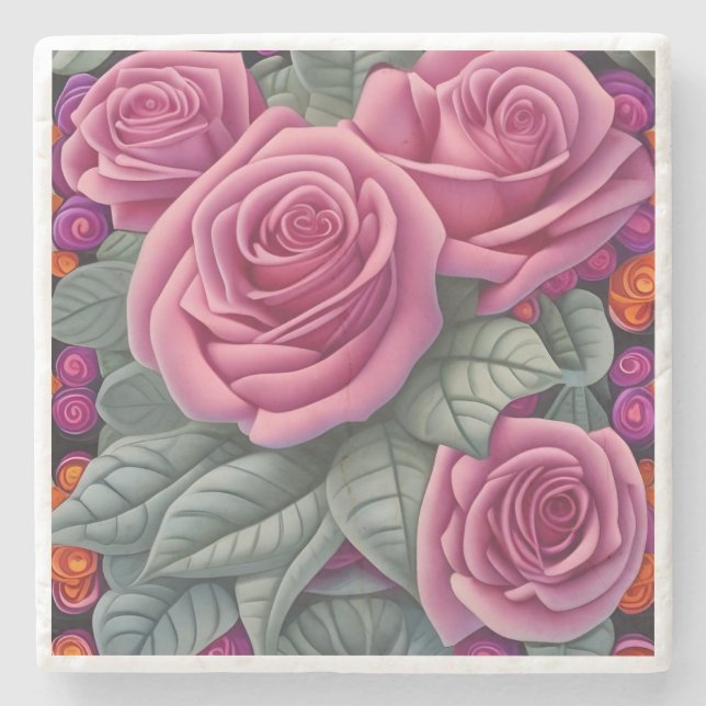 Gorgeous Victorian Pastel Pink Rose Print Stone Coaster (Front)