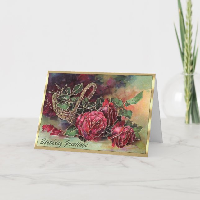 Gorgeous Victorian Red Roses Basket Birthday Card (Front)