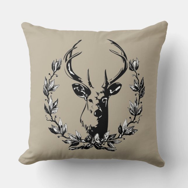 Gorgeous Vintage and Rustic Deer in Laurel Leaves Cushion (Front)