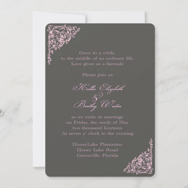 Gorgeous Vintage Grey and Blush Wedding Invitation (Front)
