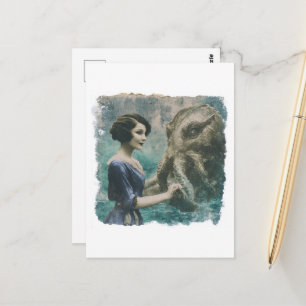 Gorgeous Vintage Lady and a Octopus Sea Monster Postcard