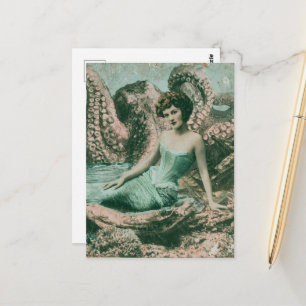 Gorgeous Vintage Mermaid Lady and a Sea Monster Postcard