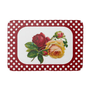 Gorgeous Vintage Roses Burgundy Polka Dot Pattern Bath Mat