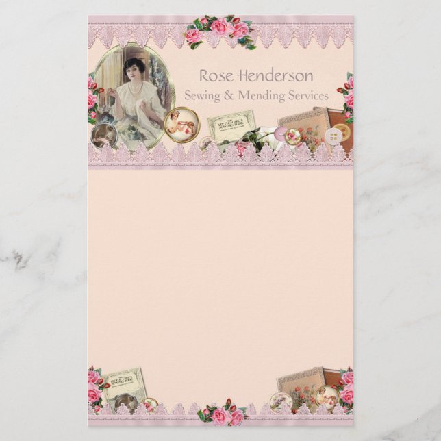Gorgeous Vintage Sewing Dusty Pink Stationery (Front)