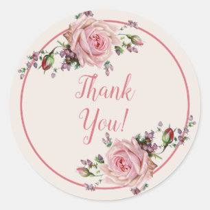 Gorgeous Vintage Soft Romantic Pink Rose Thank You Classic Round Sticker