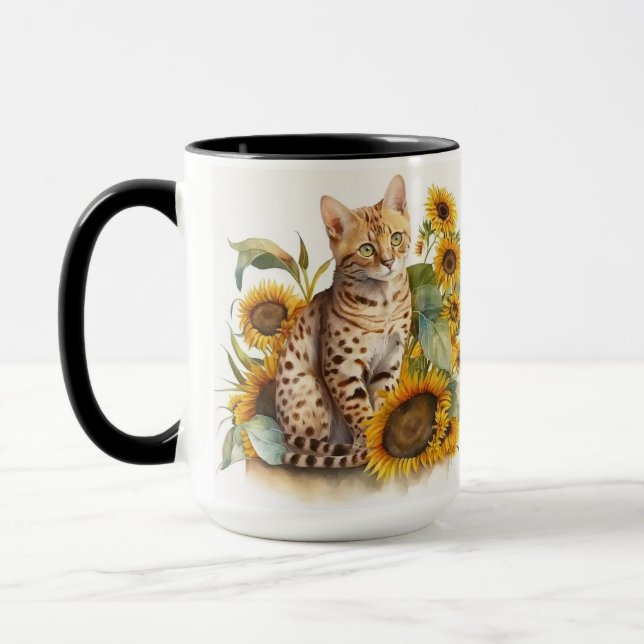 GORGEOUS WATERCOLOR BENGAL CAT WITH SUNFLOWERS MUG (Left)