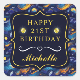 Gorgeous Watercolor Blue Starry Night Birthday Square Sticker