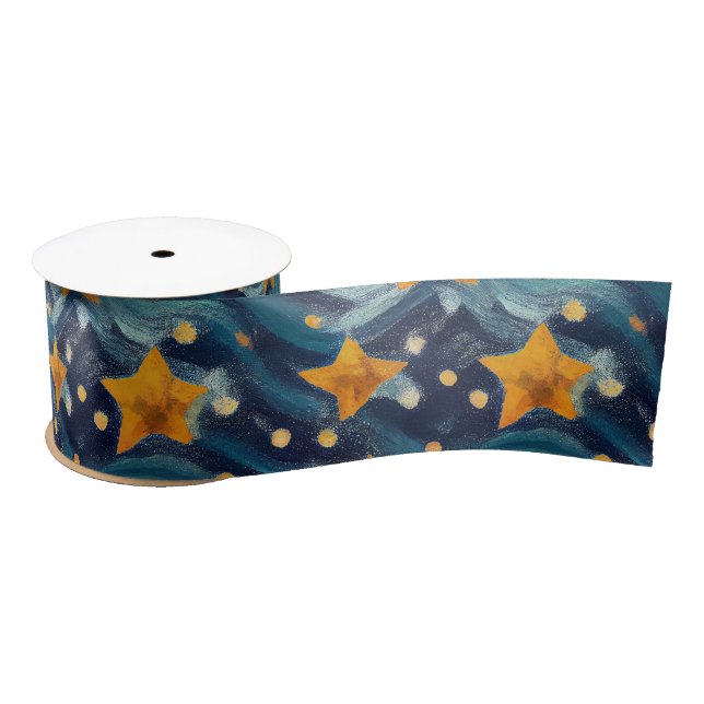 Gorgeous Watercolor Blue Starry Night Painted Satin Ribbon (Spool)