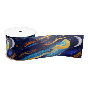 Gorgeous Watercolor Blue Starry Night Painted Satin Ribbon
