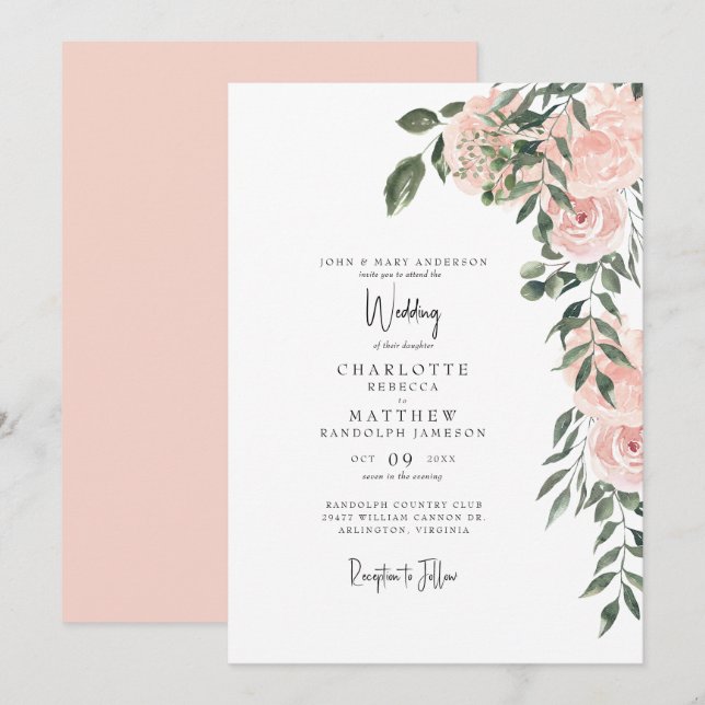 Gorgeous Watercolor Blush Floral Wedding Invitation (Front/Back)