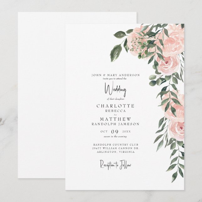 Gorgeous Watercolor Blush Floral White Wedding  Invitation (Front/Back)