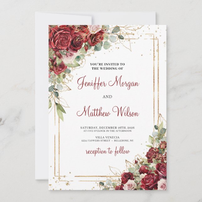 Gorgeous watercolor deep red merlot gold geometric invitation (Front)
