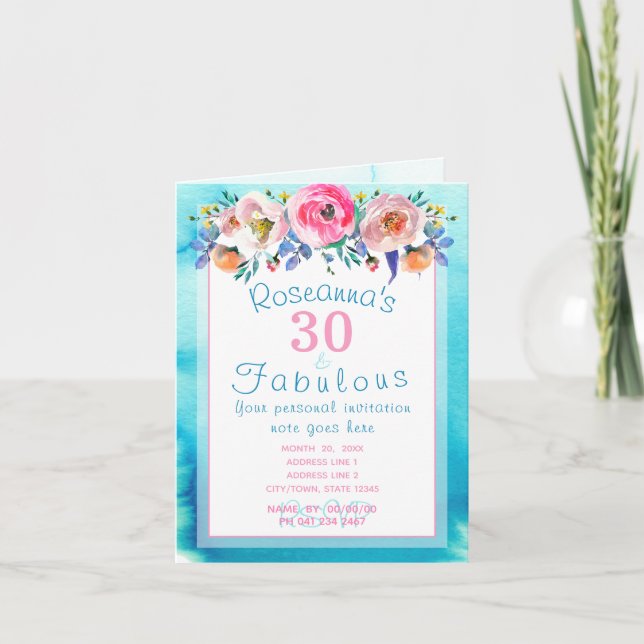 Gorgeous Watercolor Floral 30 and Fabulous Invitation (Front)