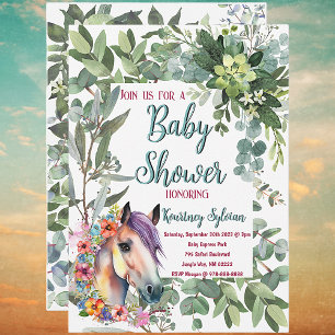 Gorgeous Watercolor Floral Horse Baby Shower Invitation