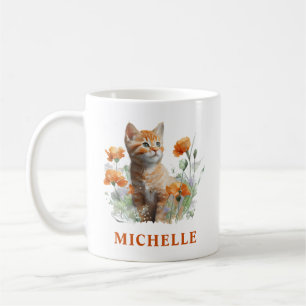 Gorgeous Watercolor Ginger Kitten and Flowers Coffee Mug