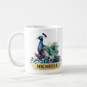 Gorgeous Watercolor Peacock and Gold Brushstroke Coffee Mug