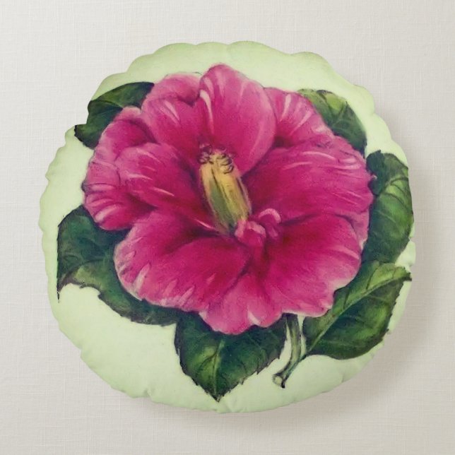 Gorgeous Watercolor Pink Hibiscus Flower  Round Cushion (Front)