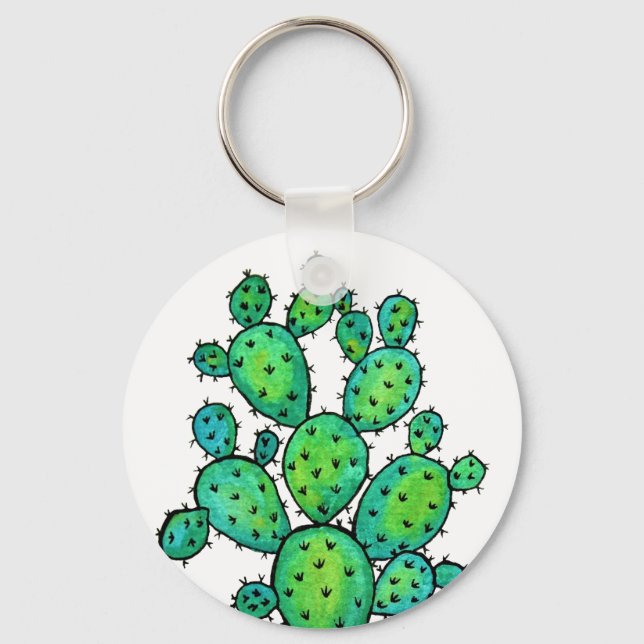 Gorgeous Watercolor Prickly Cactus Key Ring (Front)
