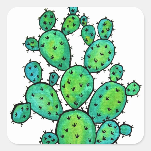 Gorgeous Watercolor Prickly Cactus Square Sticker (Front)