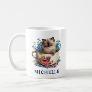 Gorgeous Watercolor Ragdoll Cat and Blue Flowers Coffee Mug
