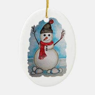 Gorgeous watercolor snowman with scarf and hat ceramic tree decoration