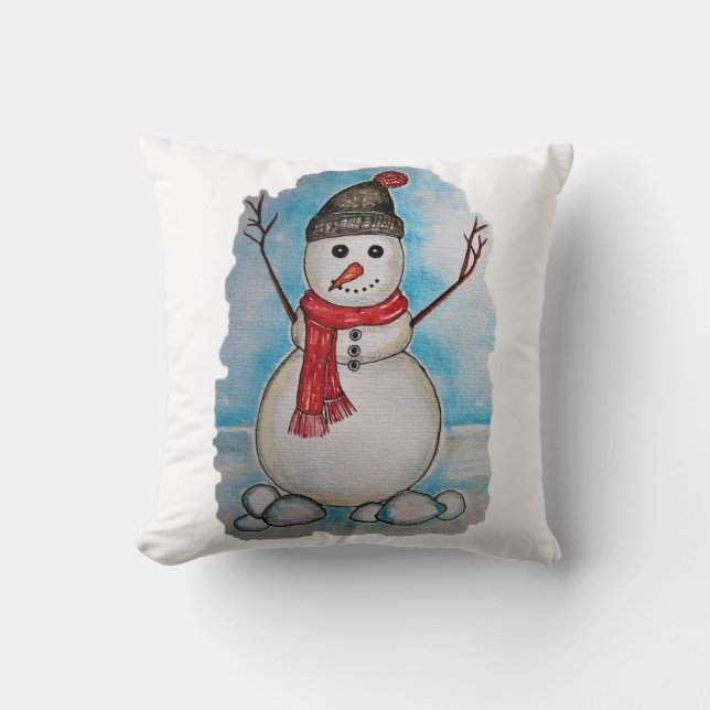 Gorgeous watercolor snowman with scarf and hat cushion (Front)